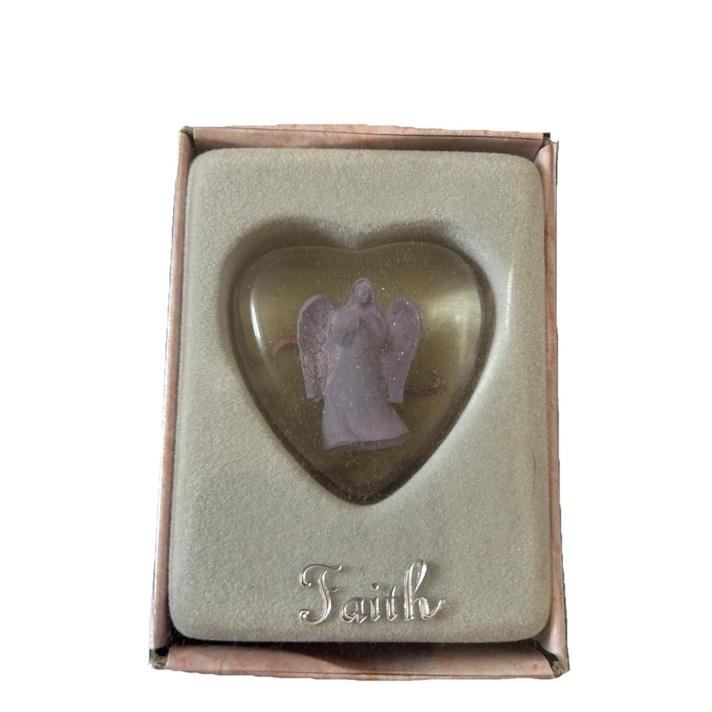 Vintage Russ Berrie Faith Angel‎ Heart Clear Resin Pocket Stone Charm Gift